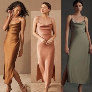 NWOT Anthropologie BHLDN Cali Satin Cowl Neck Dress - Forest Green